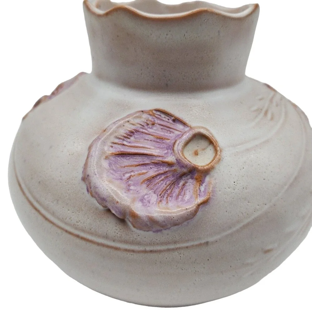 Pink Squat Pottery Vase Ceramic Raised Floral Relief Scalloped Rim Signed Retro